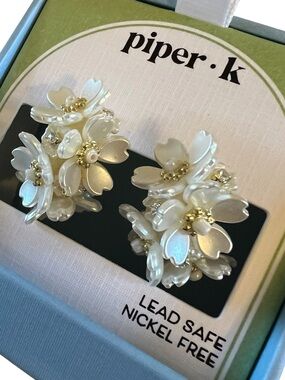 Piper k White Floral Cluster Clip-On Earrings with Gold Accents